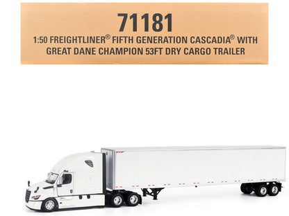 2025 Freightliner Cascadia Gen-5 Sleeper Cab Truck White with Great Dane Champion 53ft Dry Cargo Trailer "Transport Series" 1/50 Diecast Model
