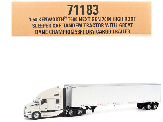 Kenworth T680 Next-Gen 76" High-Roof Sleeper Tandem Tractor White with Great Dane Champion 53ft Dry Cargo Trailer "Transport Series" 1/50 Diecast Model