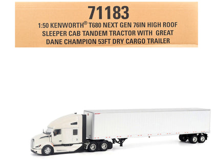 Kenworth T680 Next-Gen 76" High-Roof Sleeper Tandem Tractor White with Great Dane Champion 53ft Dry Cargo Trailer "Transport Series" 1/50 Diecast Model