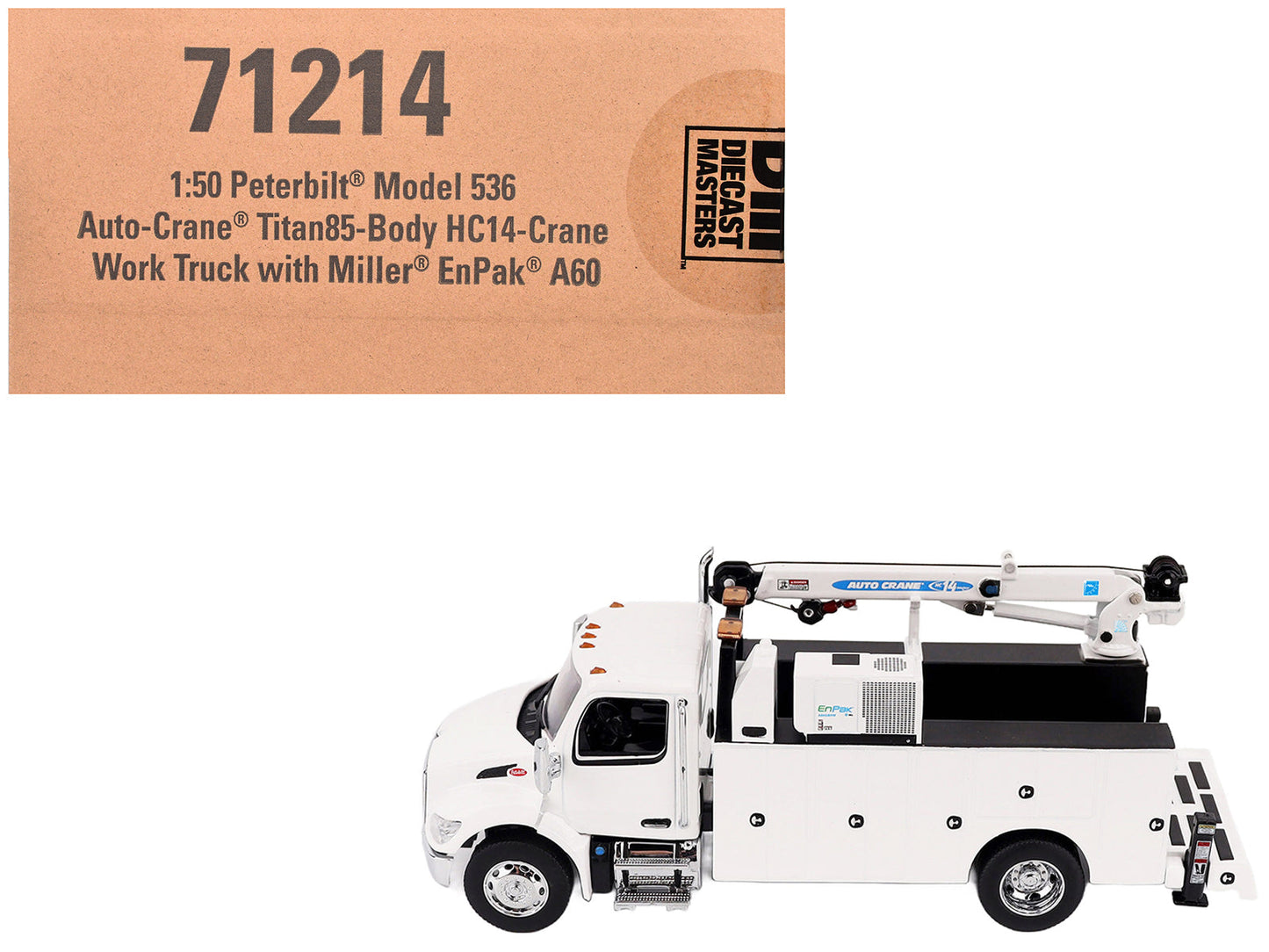 Peterbilt 536 Auto-Crane Titan85-Body HC14-Crane Work Truck with Miller EnPak White "Transport Series" 1/50 Diecast Model