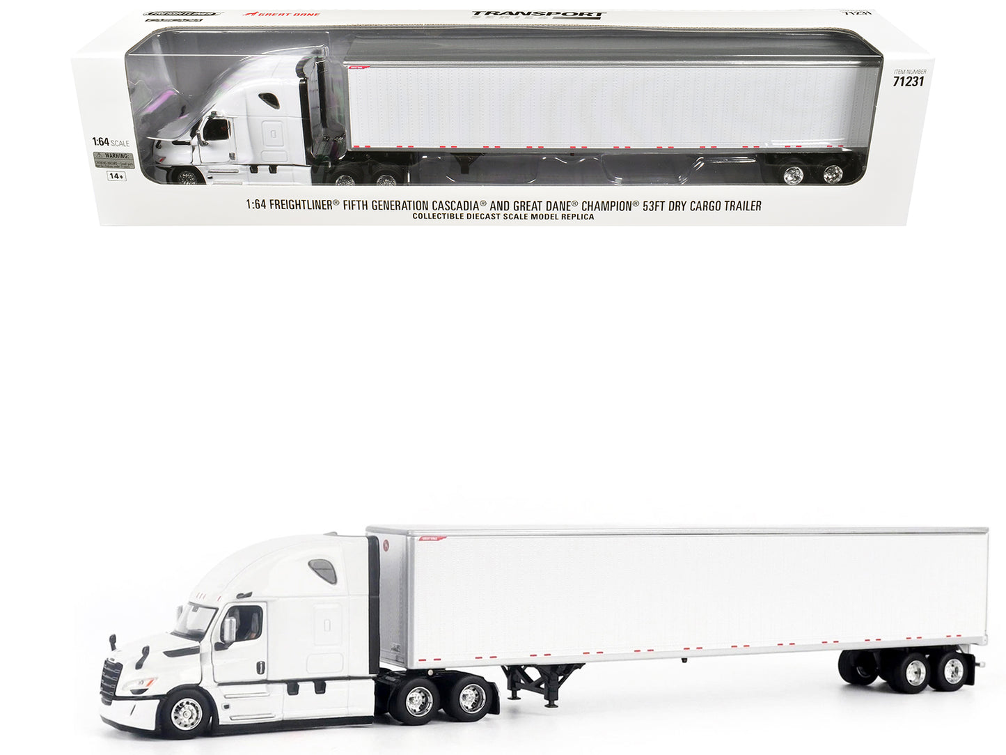 2025 Freightliner Cascadia Gen-5 Truck Tractor with Sleeper and Great Dane Champion 53ft Dry Cargo Trailer Winter White "Transport Series" 1/64 Diecast Model