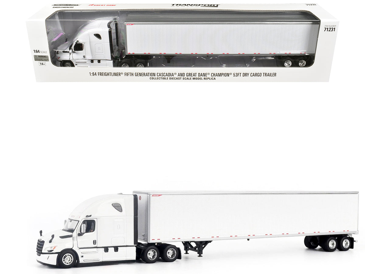 2025 Freightliner Cascadia Gen-5 Truck Tractor with Sleeper and Great Dane Champion 53ft Dry Cargo Trailer Winter White "Transport Series" 1/64 Diecast Model