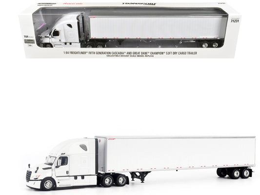 2025 Freightliner Cascadia Gen-5 Truck Tractor with Sleeper and Great Dane Champion 53ft Dry Cargo Trailer Winter White "Transport Series" 1/64 Diecast Model