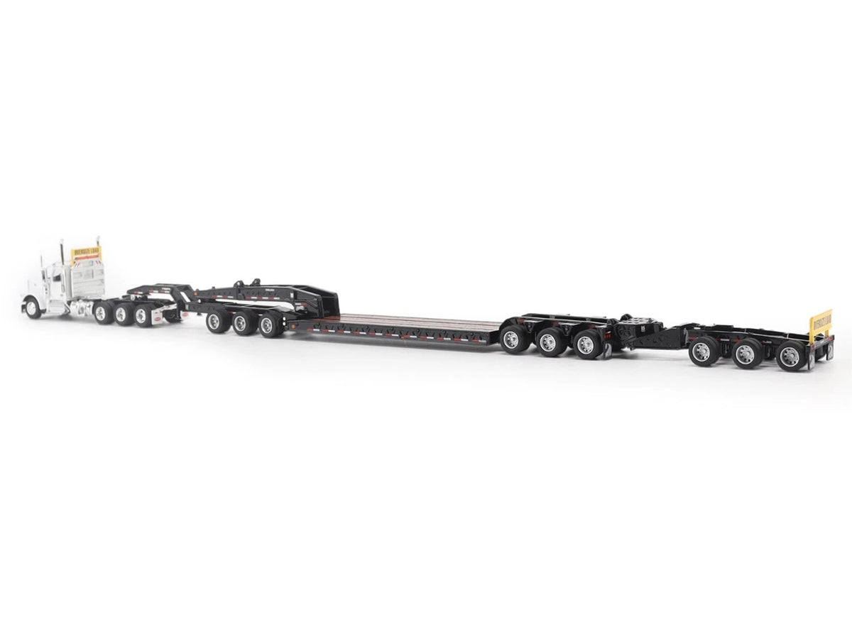 Peterbilt 589 Tridem-Axle Truck Tractor with Day Cab and Trail King TK170 Hydraulic Detachable Gooseneck Lowboy Trailer with Jeep and Booster White "Transport Series" 1/64 Diecast Model