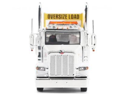 Peterbilt 589 Tridem-Axle Truck Tractor with Day Cab and Trail King TK170 Hydraulic Detachable Gooseneck Lowboy Trailer with Jeep and Booster White "Transport Series" 1/64 Diecast Model
