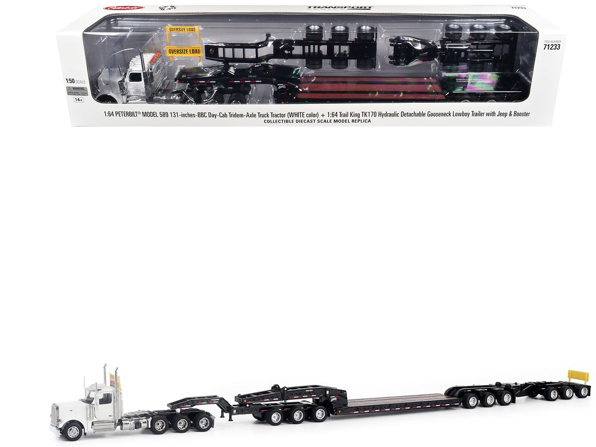 Peterbilt 589 Tridem-Axle Truck Tractor with Day Cab and Trail King TK170 Hydraulic Detachable Gooseneck Lowboy Trailer with Jeep and Booster White "Transport Series" 1/64 Diecast Model