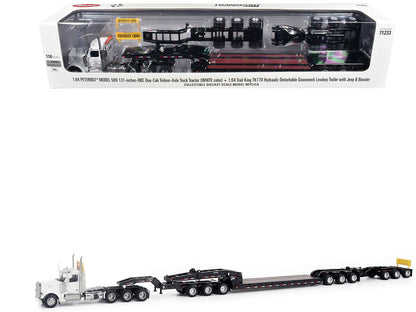 Peterbilt 589 Tridem-Axle Truck Tractor with Day Cab and Trail King TK170 Hydraulic Detachable Gooseneck Lowboy Trailer with Jeep and Booster White "Transport Series" 1/64 Diecast Model