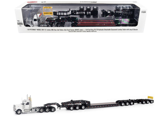 Peterbilt 589 Tridem-Axle Truck Tractor with Day Cab and Trail King TK170 Hydraulic Detachable Gooseneck Lowboy Trailer with Jeep and Booster White "Transport Series" 1/64 Diecast Model