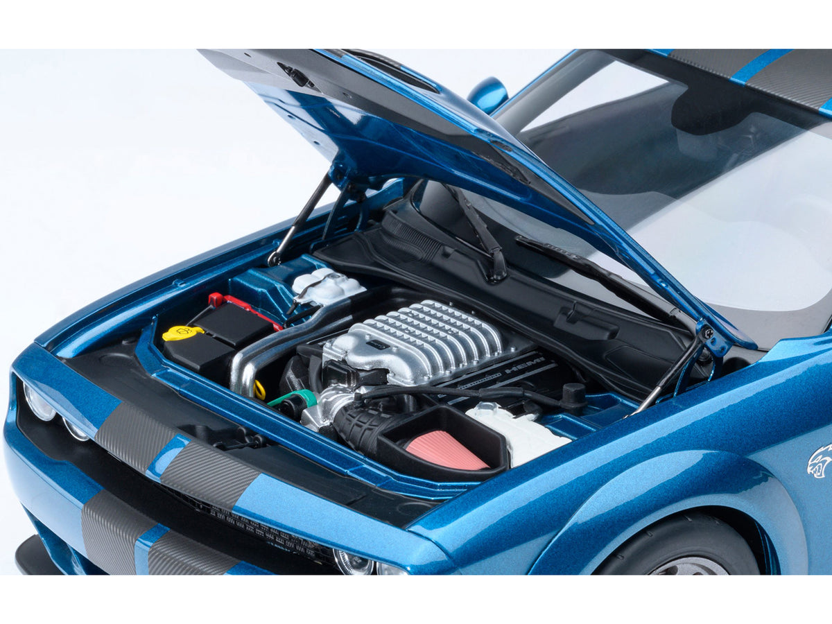 2023 Dodge Challenger SRT Super Stock Frostbite Blue Metallic with Carbon Stripes 1/18 Model Car