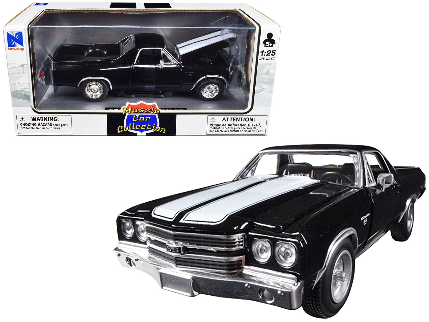 1970 Chevrolet El Camino SS Black with White Stripes "Muscle Car Collection" 1/25 Diecast Model Car