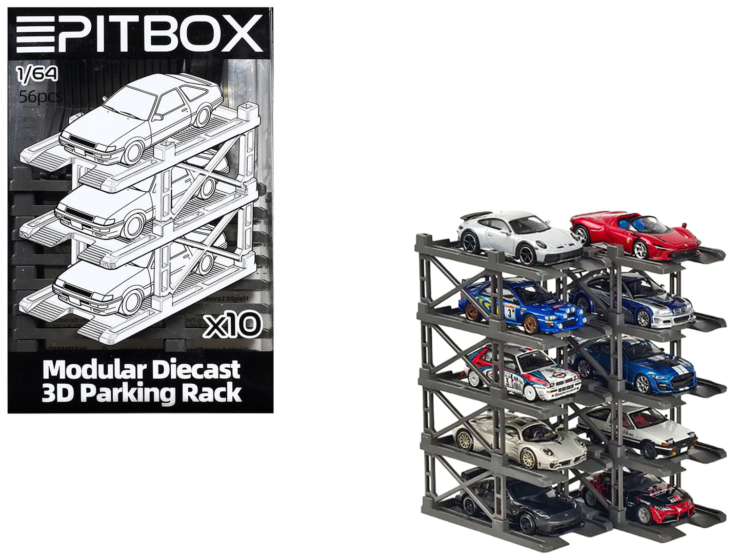 Modular Diecast 3D Parking Rack Display Stand Set of 10 Racks for 1/64 Scale Model Cars