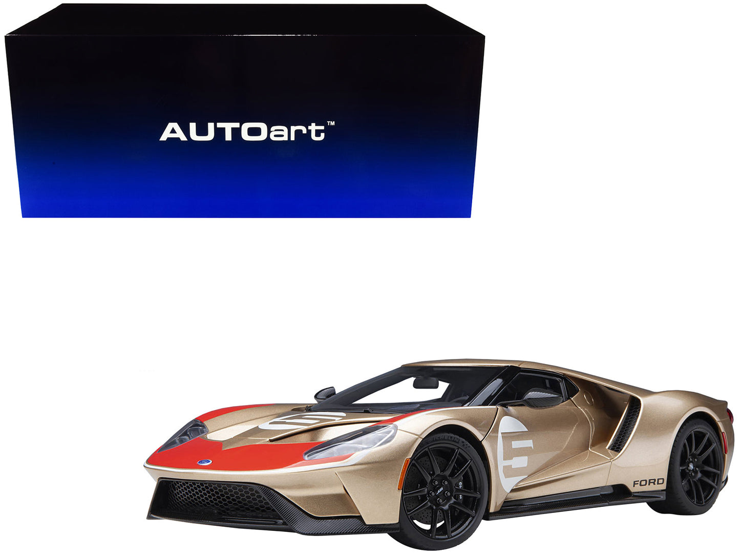 Ford GT Heritage Edition #5 "Holman Moody" Gold Metallic with Red and White Graphics 1/18 Model Car