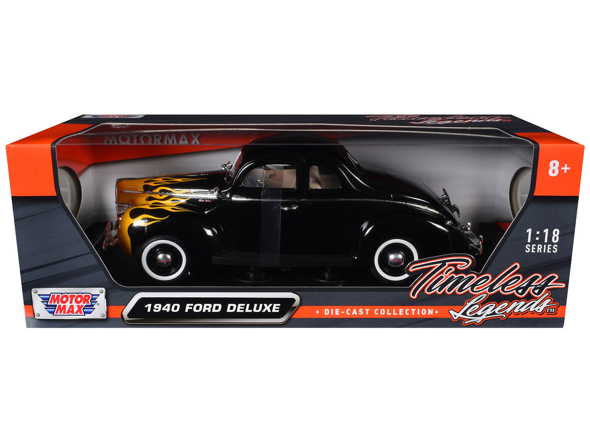 1940 Ford Deluxe Black with Yellow Flames "Timeless Classics" 1/18 Diecast Model Car