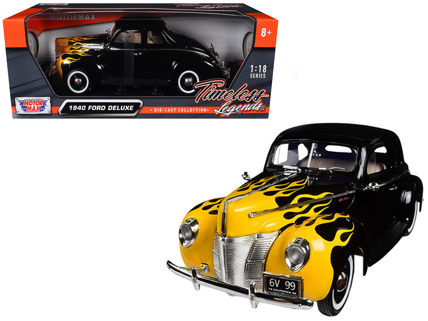 1940 Ford Deluxe Black with Yellow Flames "Timeless Classics" 1/18 Diecast Model Car