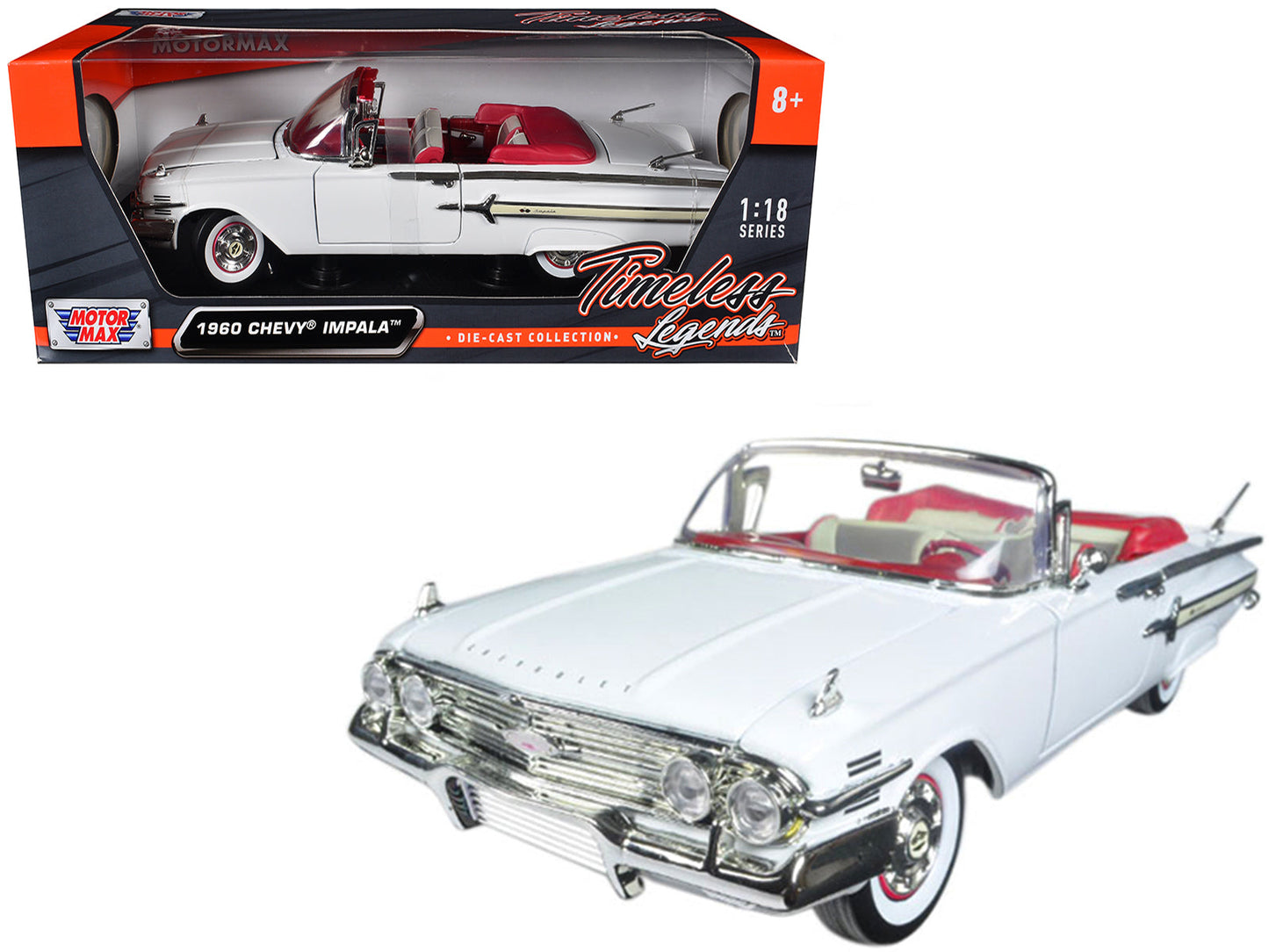 1960 Chevrolet Impala Convertible White with Red Interior 1/18 Diecast Model Car