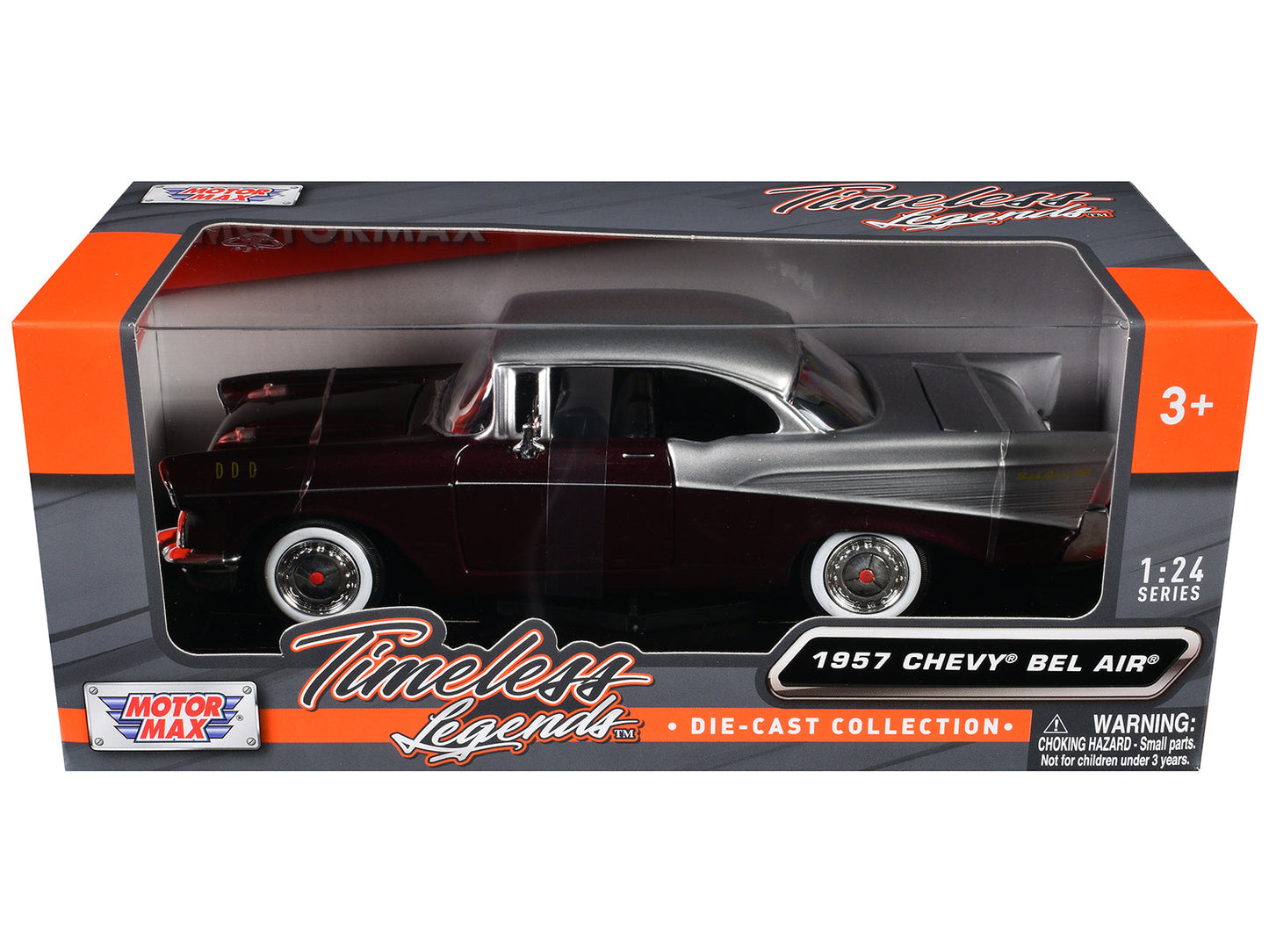 1957 Chevrolet Bel Air Burgundy Metallic and Silver Metallic "Timeless Legends" Series 1/24 Diecast Model Car
