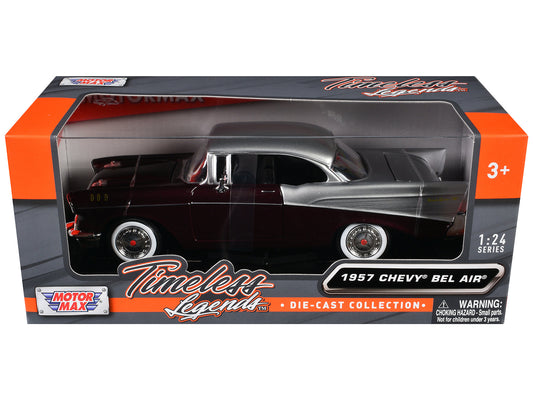 1957 Chevrolet Bel Air Burgundy Metallic and Silver Metallic "Timeless Legends" Series 1/24 Diecast Model Car