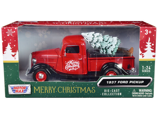 1937 Ford Pickup Truck Red and Black "Merry Christmas" with Tree Accessory 1/24 Diecast Model Car