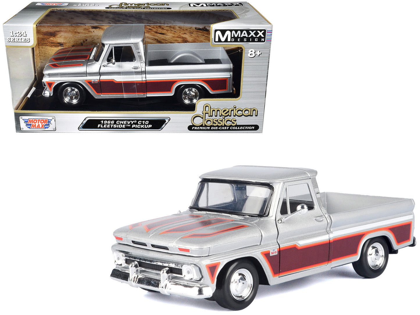 1966 Chevrolet C10 Fleetside Pickup Truck Silver Metallic with Brown Sides "American Classics" Series 1/24 Diecast Model Car