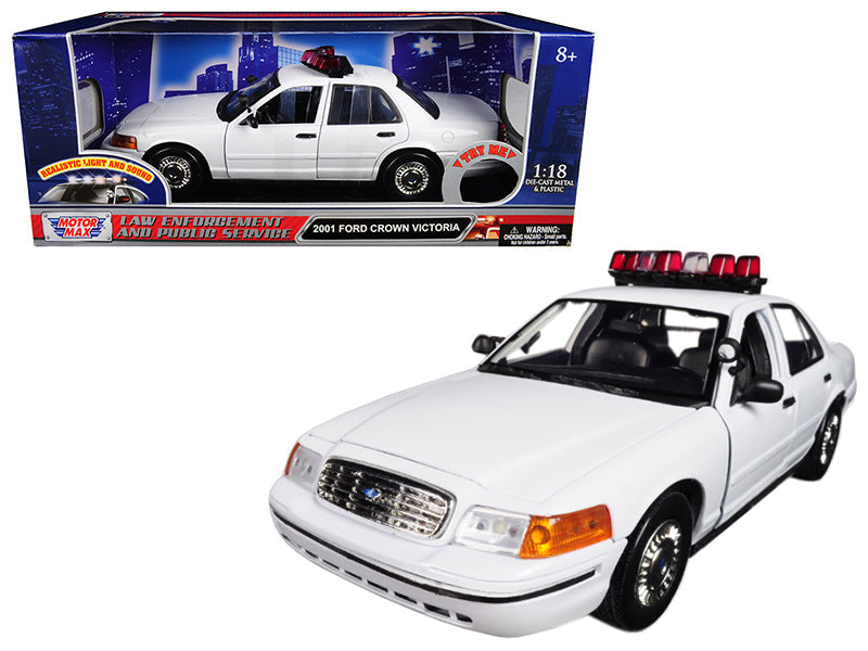 2001 Ford Crown Victoria Police Car Plain White with Flashing Light Bar and Front and Rear Lights and Sounds 1/18 Diecast Model Car