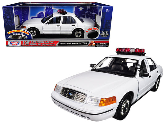 2001 Ford Crown Victoria Police Car Plain White with Flashing Light Bar and Front and Rear Lights and Sounds 1/18 Diecast Model Car