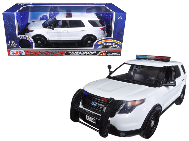2015 Ford Police Interceptor Utility White with Flashing Light Bar and Front and Rear Lights and 2 Sounds 1/18 Diecast Model Car