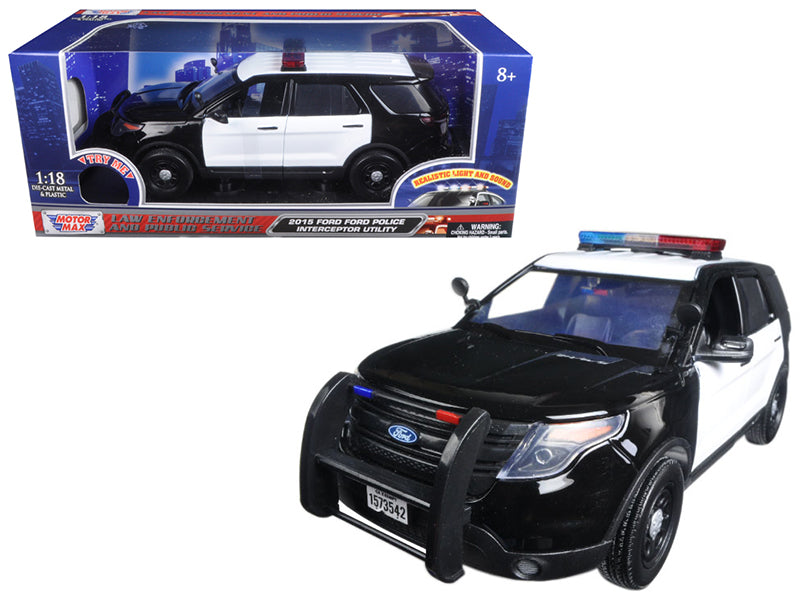 2015 Ford Police Interceptor Utility Black and White with Flashing Light Bar and Front and Rear Lights and 2 Sounds 1/18 Diecast Model Car