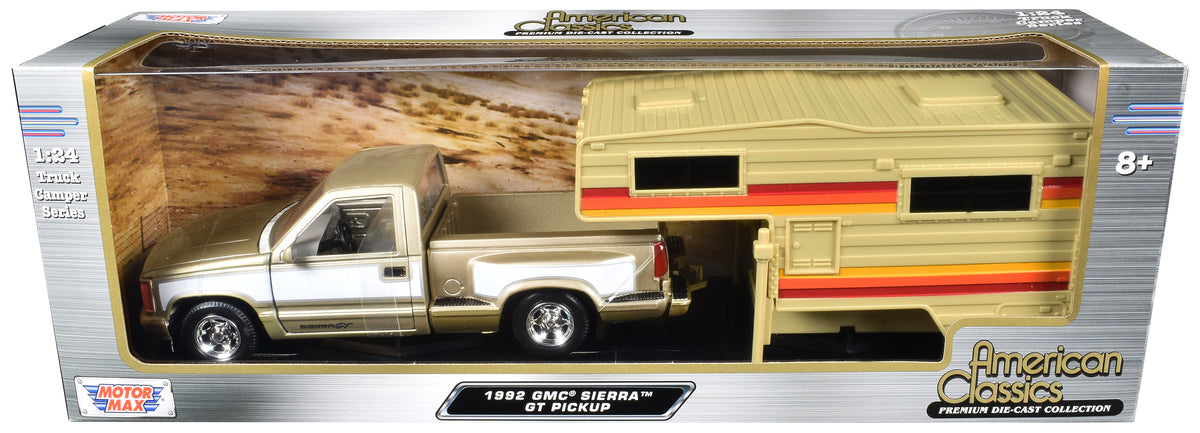 1992 GMC Sierra GT Pickup Truck Gold Metallic with White Sides with Camper Shell "American Classics" Series 1/24 Diecast Model Car
