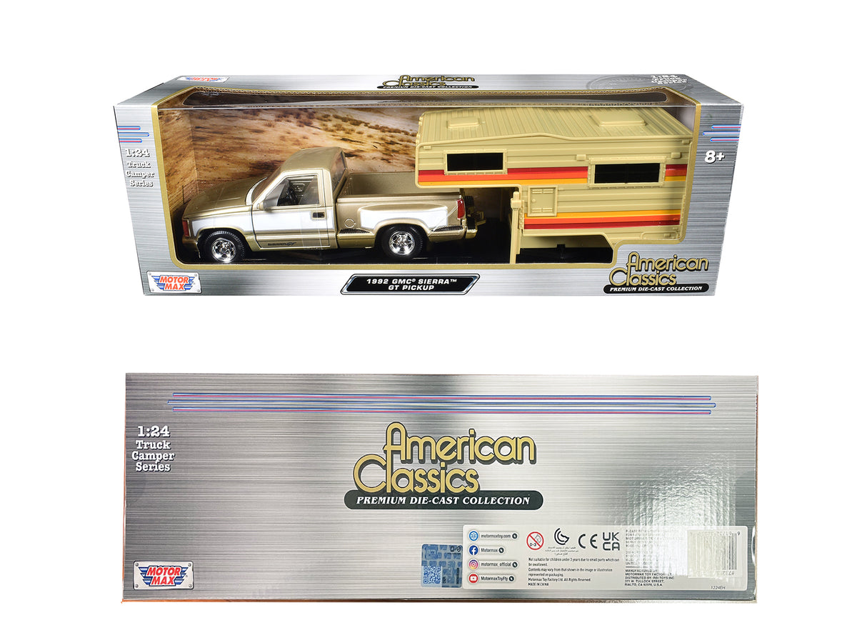 1992 GMC Sierra GT Pickup Truck Gold Metallic with White Sides with Camper Shell "American Classics" Series 1/24 Diecast Model Car
