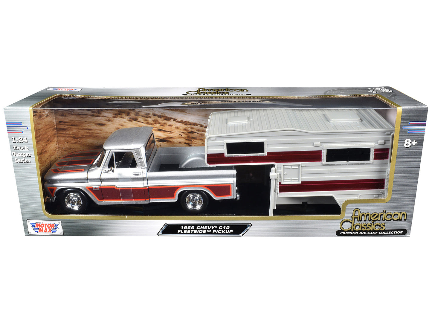 1966 Chevrolet C10 Fleetside Pickup Truck Silver Metallic with Brown Sides with Camper Shell "American Classics" Series 1/24 Diecast Model Car