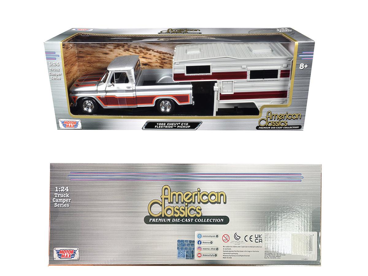 1966 Chevrolet C10 Fleetside Pickup Truck Silver Metallic with Brown Sides with Camper Shell "American Classics" Series 1/24 Diecast Model Car