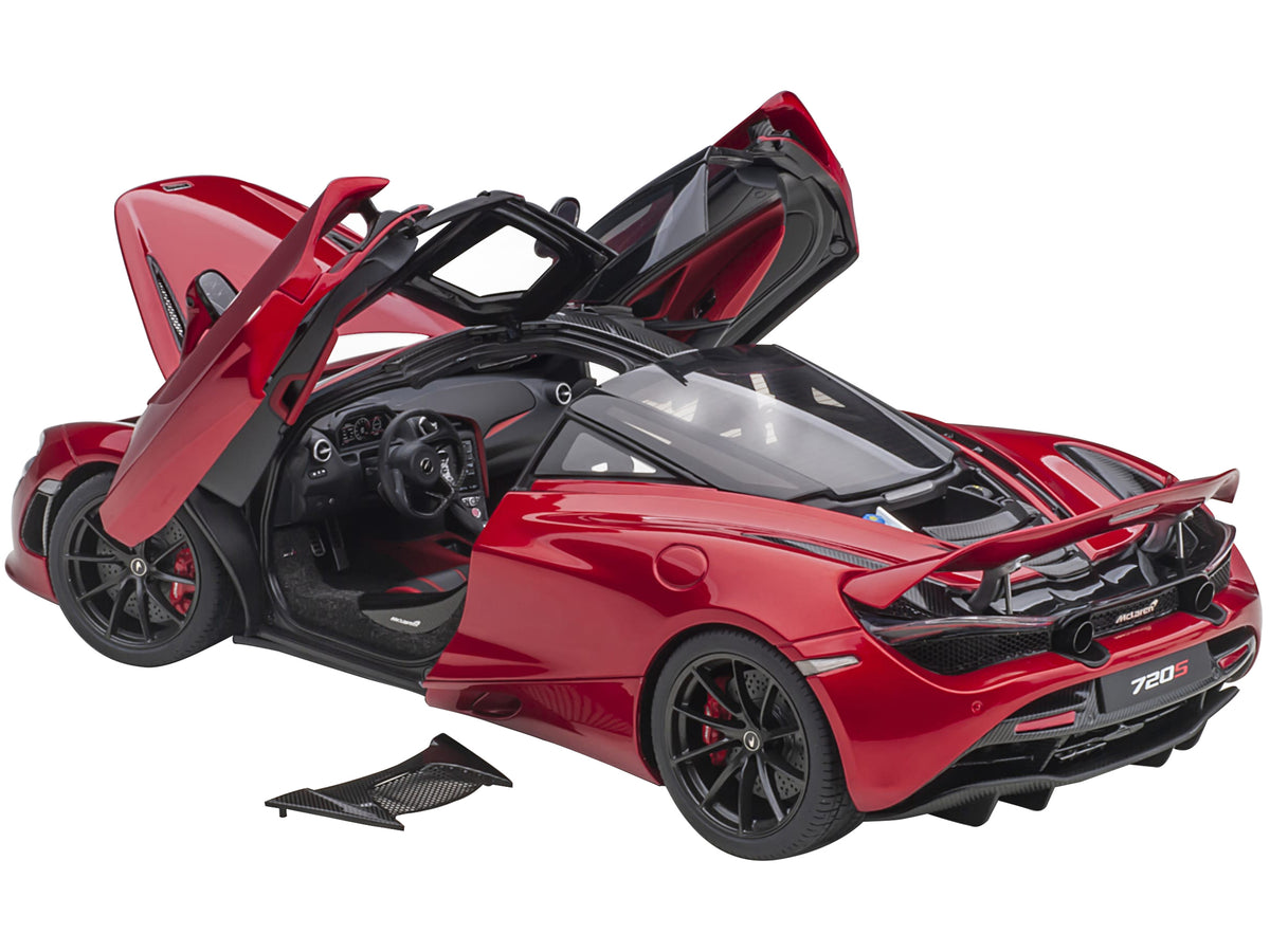 Mclaren 720S Memphis Red Metallic with Black Top and Carbon Accents 1/18 Model Car