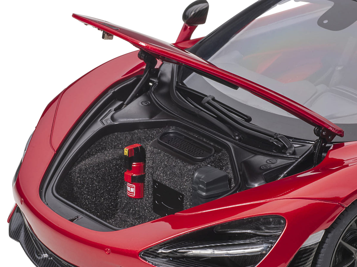 Mclaren 720S Memphis Red Metallic with Black Top and Carbon Accents 1/18 Model Car