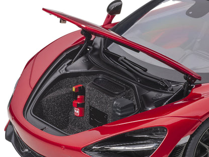 Mclaren 720S Memphis Red Metallic with Black Top and Carbon Accents 1/18 Model Car