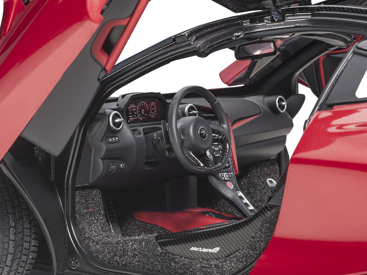 Mclaren 720S Memphis Red Metallic with Black Top and Carbon Accents 1/18 Model Car