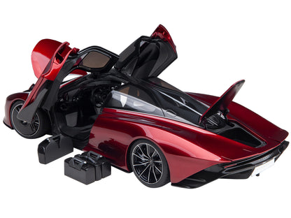 McLaren Speedtail Volcano Red Metallic with Black Top and Suitcase Accessories 1/18 Model Car