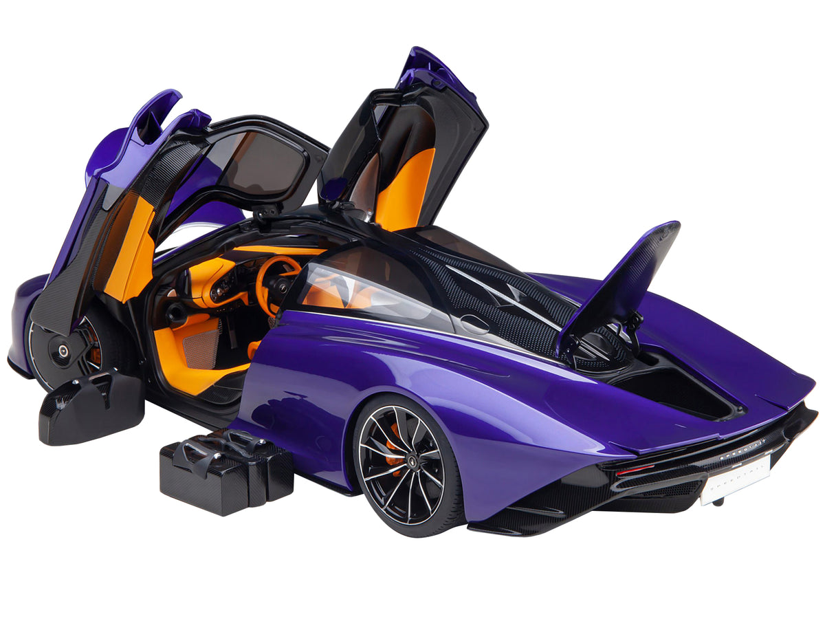 McLaren Speedtail Lantana Purple Metallic with Black Top and Yellow Interior and Suitcase Accessories  1/18 Model Car