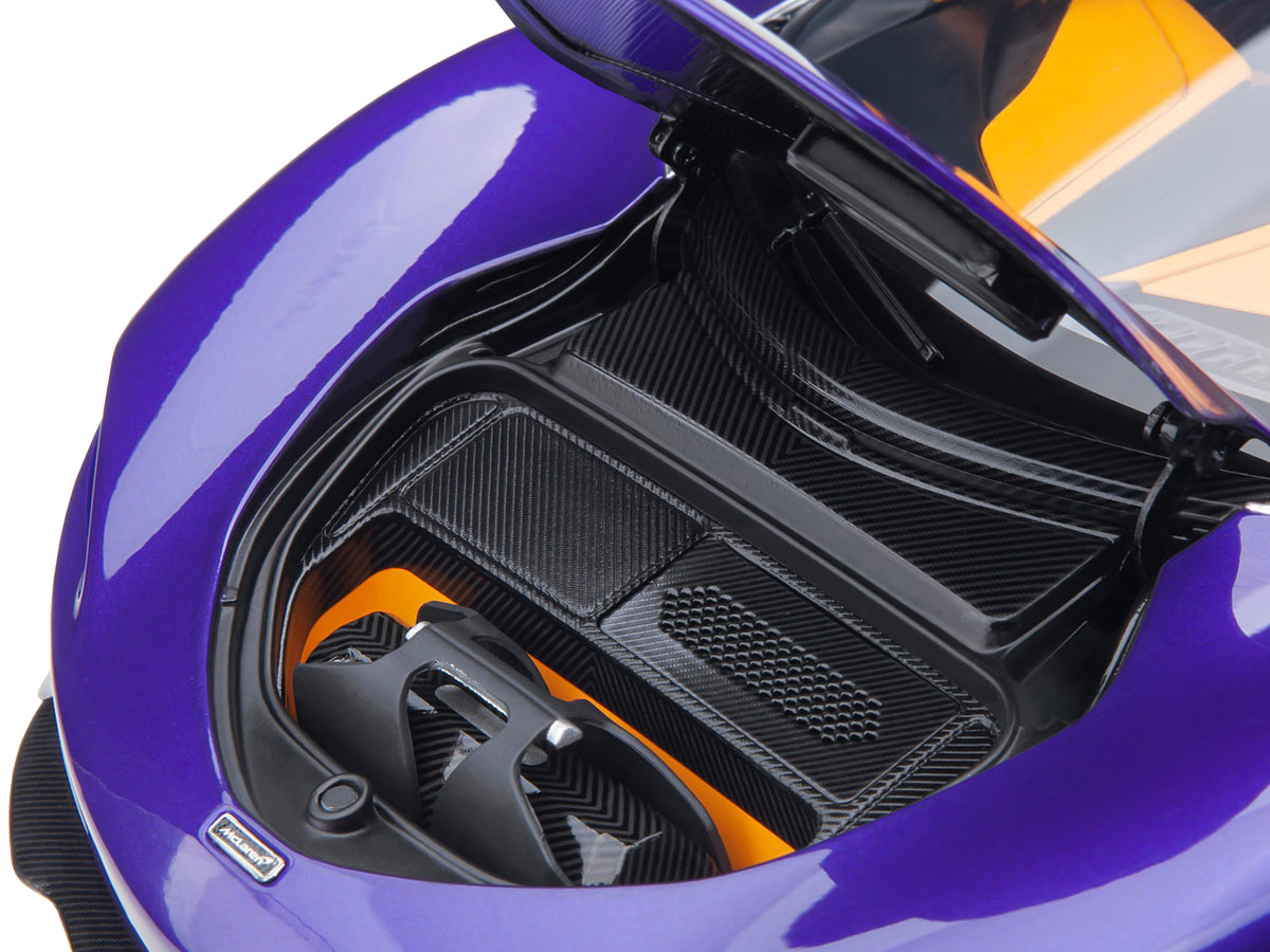 McLaren Speedtail Lantana Purple Metallic with Black Top and Yellow Interior and Suitcase Accessories  1/18 Model Car