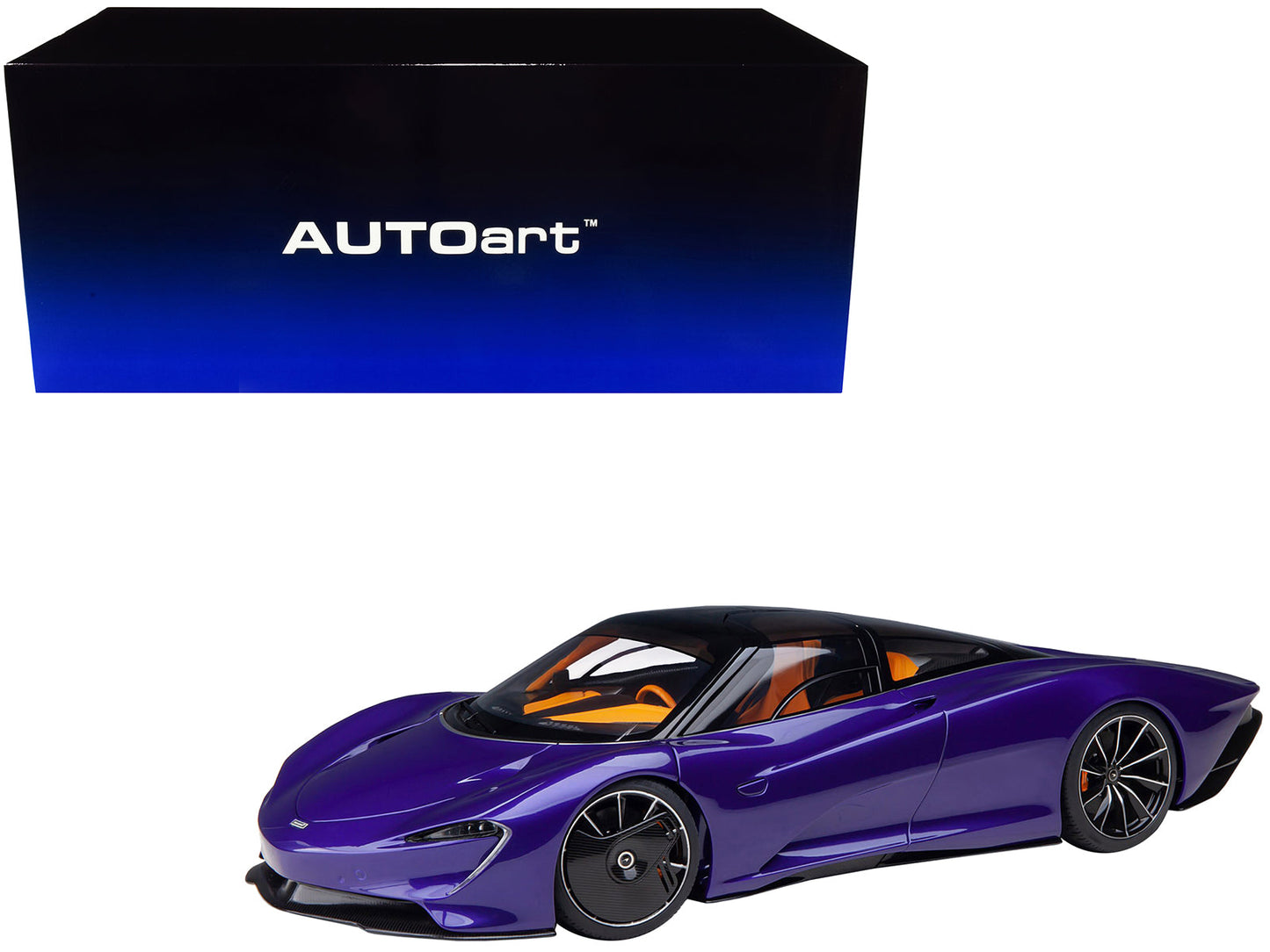 McLaren Speedtail Lantana Purple Metallic with Black Top and Yellow Interior and Suitcase Accessories  1/18 Model Car