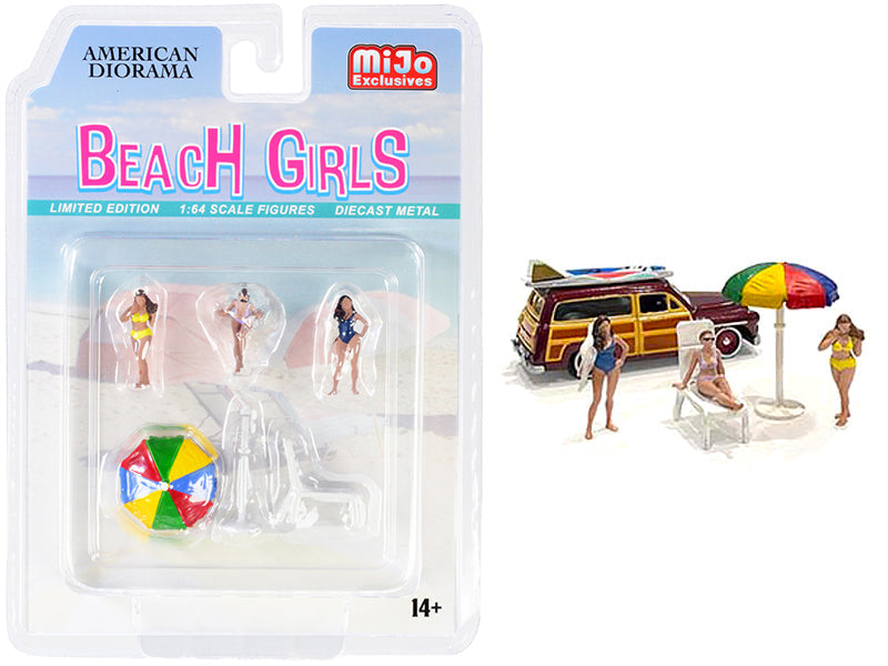 "Beach Girls" 5 piece Diecast Set (3 Figurines 1 Beach Chaise and 1 Beach Umbrella) for 1/64 Scale Models