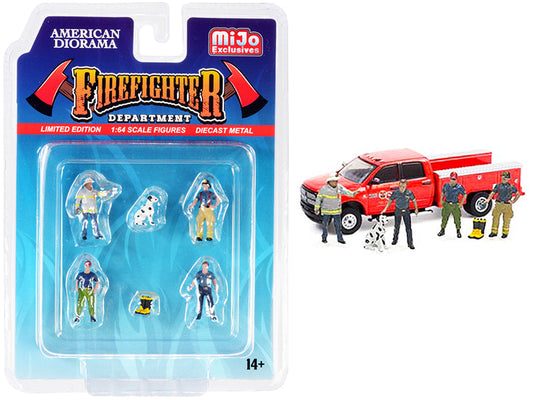 "Firefighter II" 6 piece Diecast Set (4 Figurines 1 Dog and 1 Accessory) for 1/64 Scale Models