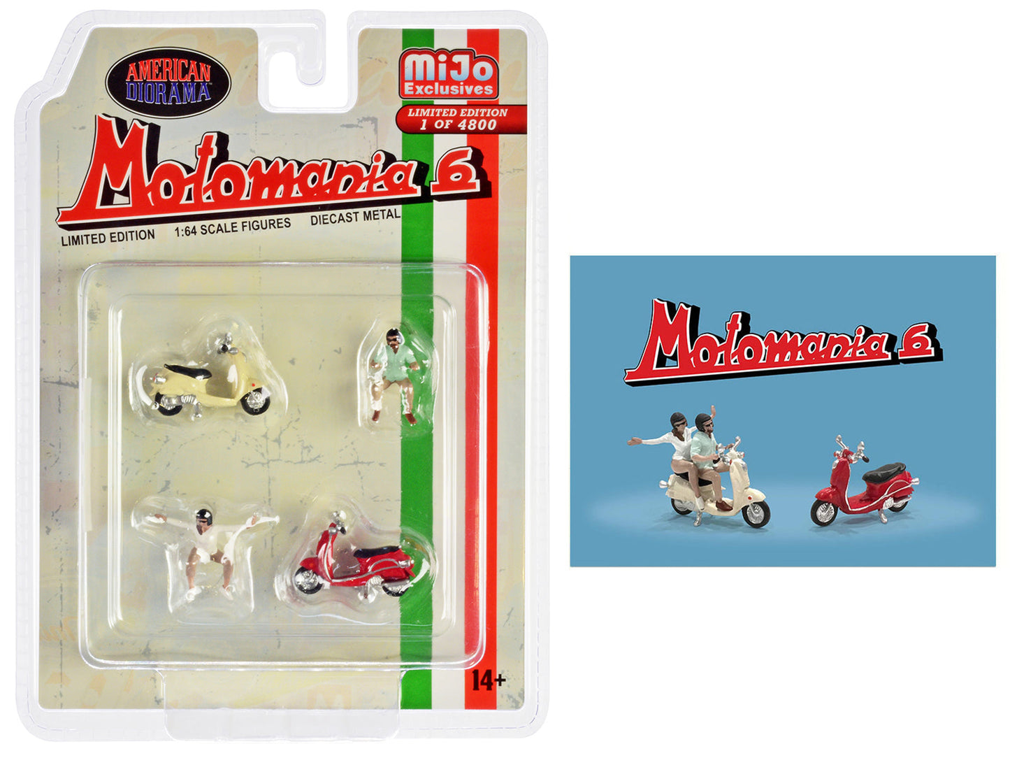 "Motomania 6" 4 piece Diecast Figure Set (2 Figures 2 Scooters) Limited Edition to 4800 pieces Worldwide 1/64 Scale Models