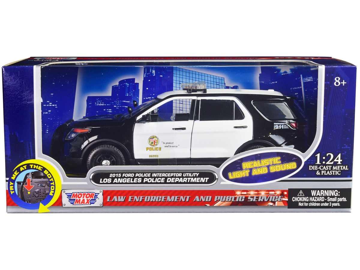 2015 Ford Police Interceptor Utility Black and White "Los Angeles Police Department (LAPD)" with Flashing Light Bar and Front and Rear Lights and Sounds 1/24 Diecast Model Car