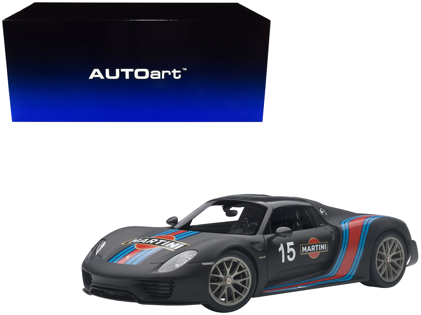 Porsche 918 Spyder Weissach Package Black/ Martini Livery #15 1/18 Model Car