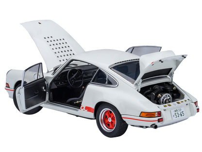 Porsche 911 Carrera 2.7 RS "The Circuit Wolf" White with Red Stripes and Wheels with Hood Graphics 1/18 Model Car