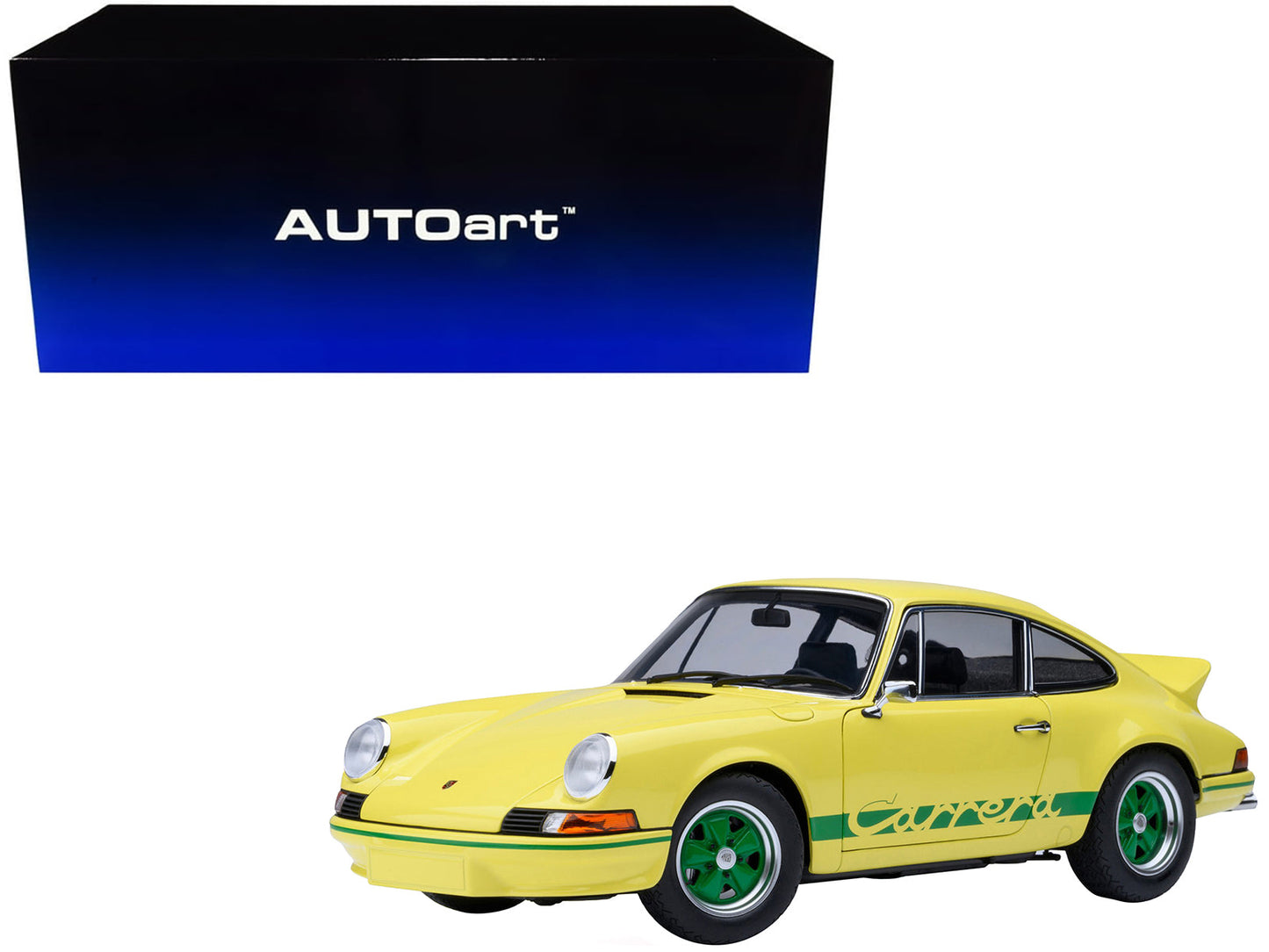 Porsche 911 Carrera 2.7 RS Light Yellow with Green Stripes and Wheels 1/18 Model Car