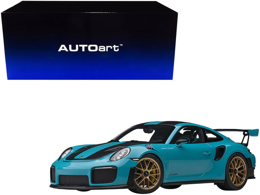 Porsche 911 (991.2) GT2 RS Weissach Package Miami Blue with Carbon Stripes 1/18 Model Car