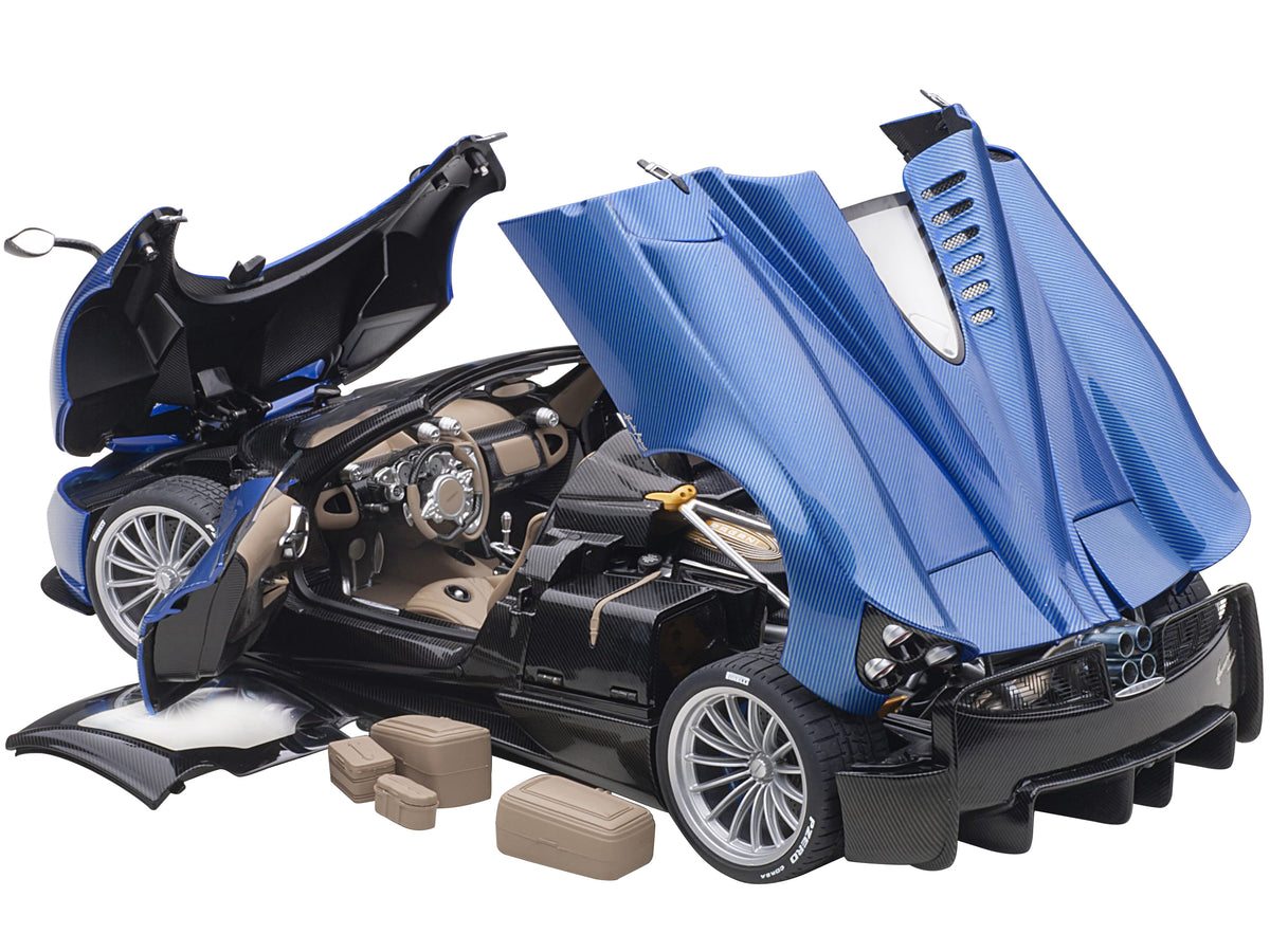 Pagani Huayra Roadster Blue Tricolore Carbon Fiber with Black Top with Luggage Set 1/18 Model Car