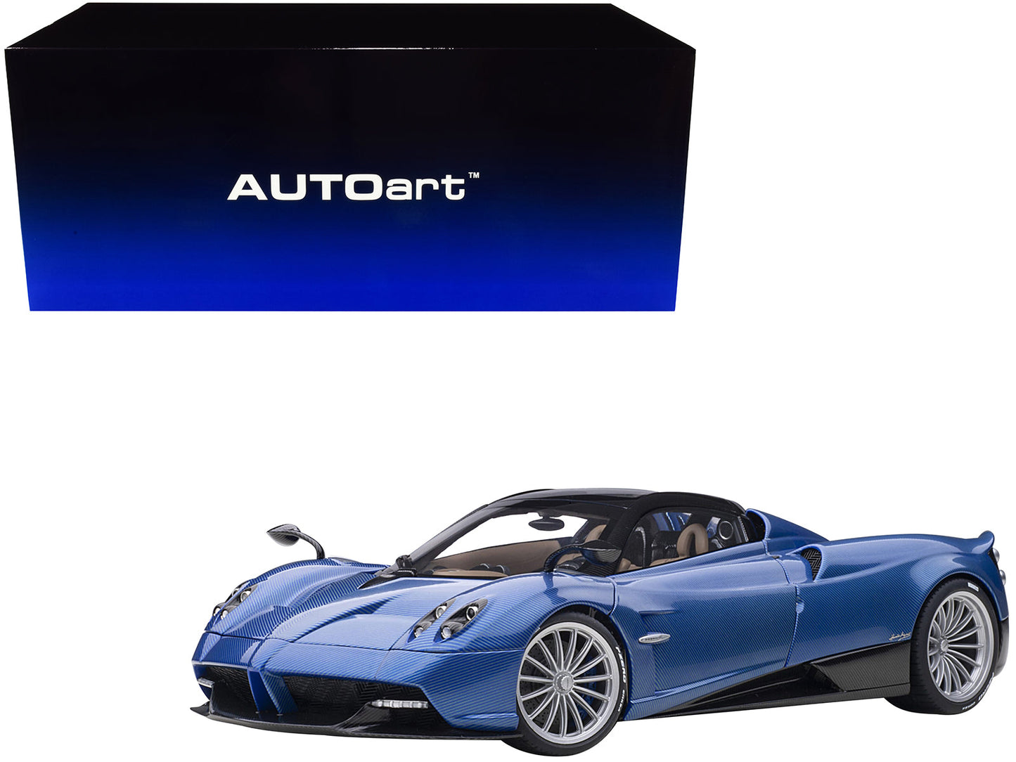 Pagani Huayra Roadster Blue Tricolore Carbon Fiber with Black Top with Luggage Set 1/18 Model Car