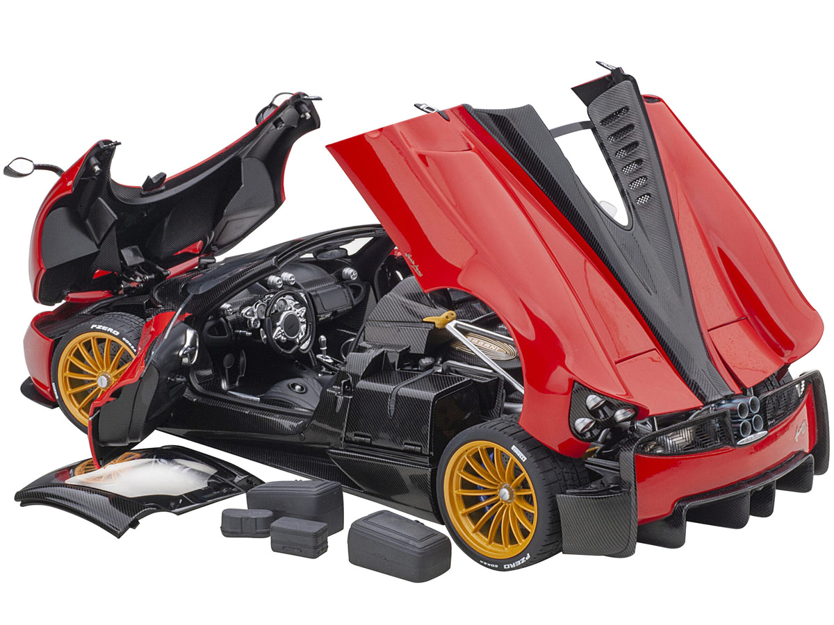 Pagani Huayra Roadster Rosso Monza Red and Carbon with Luggage Set 1/18 Model Car
